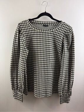 Talbots Houndstooth Puff Sleeve Top Pearl Button Cuffs Size M